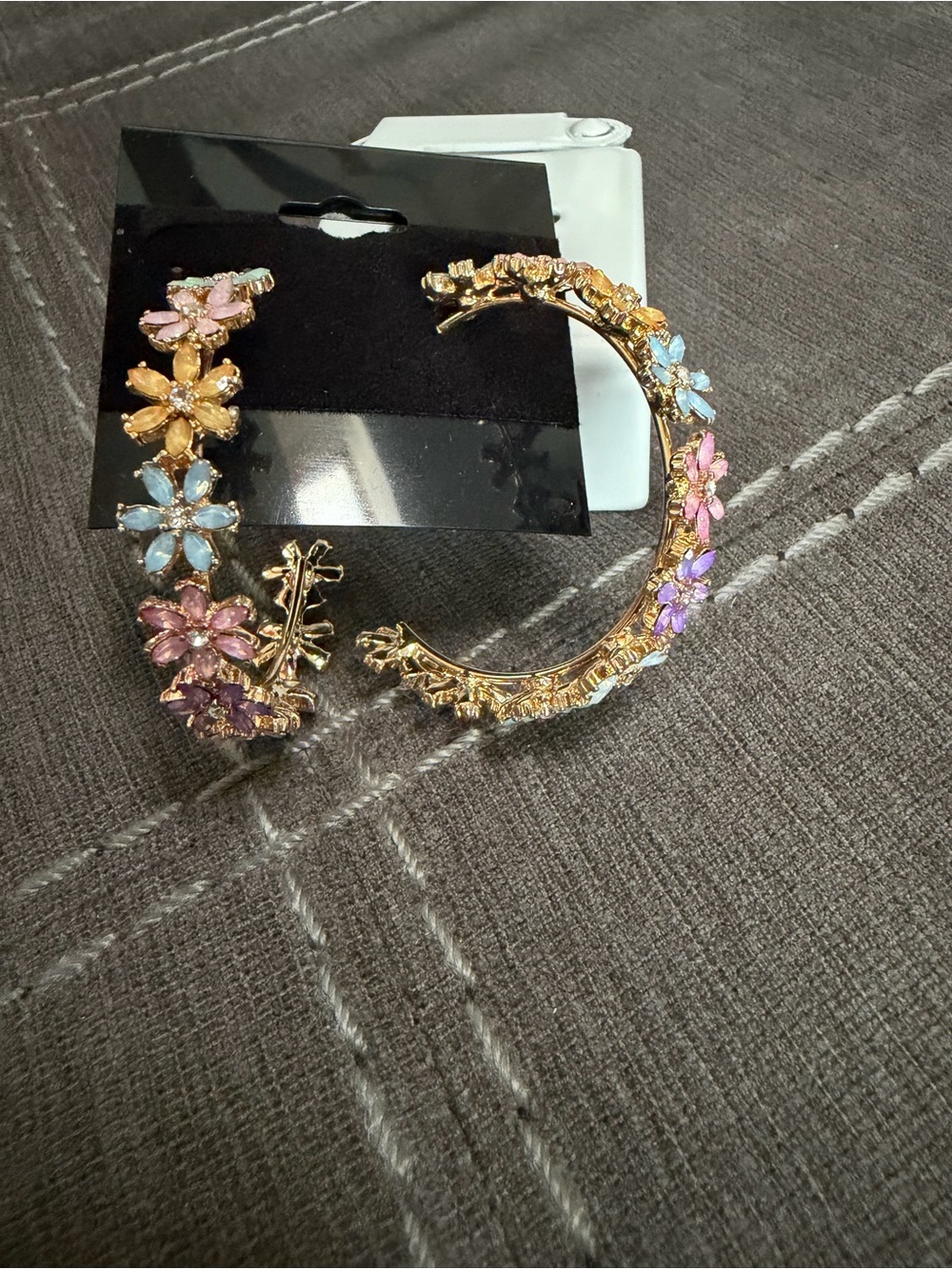 Gold Floral Multi-Color Crystal Hoop Earrings - Women Accessories